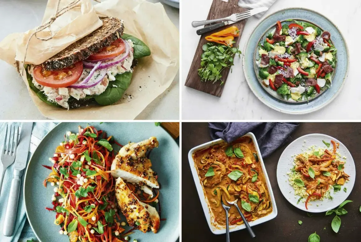 Fyra bilder visar olika rätter som passar för en nyttig lunch: en mättande smörgås, en fräsch sallad med kyckling, en färggrann grönsakssallad med kyckling och en värmande gryta.