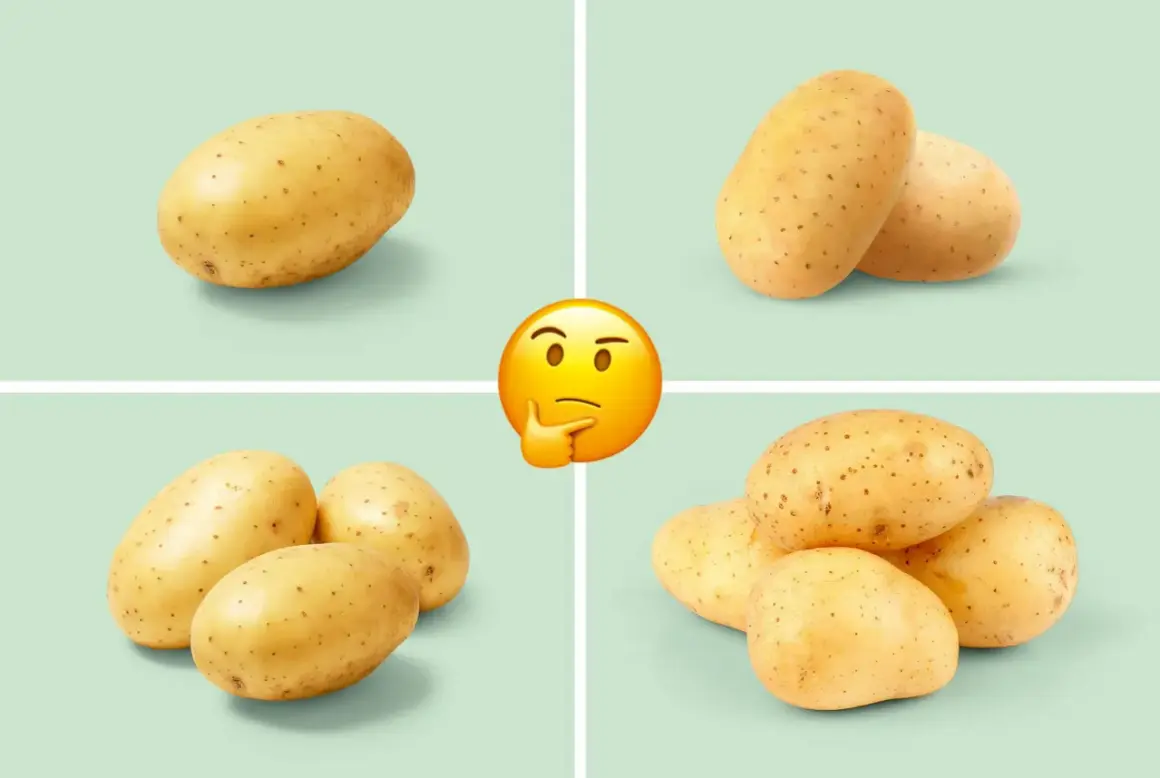 Tänker du på kokt potatis kcal? Bilden visar olika mängder potatis, från en till flera, med en fundersam emoji i mitten.