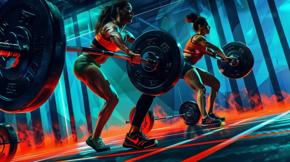 Två kvinnor lyfter skivstänger i ett modernt gym. Intensiv träning som en del av deras gymprogram.