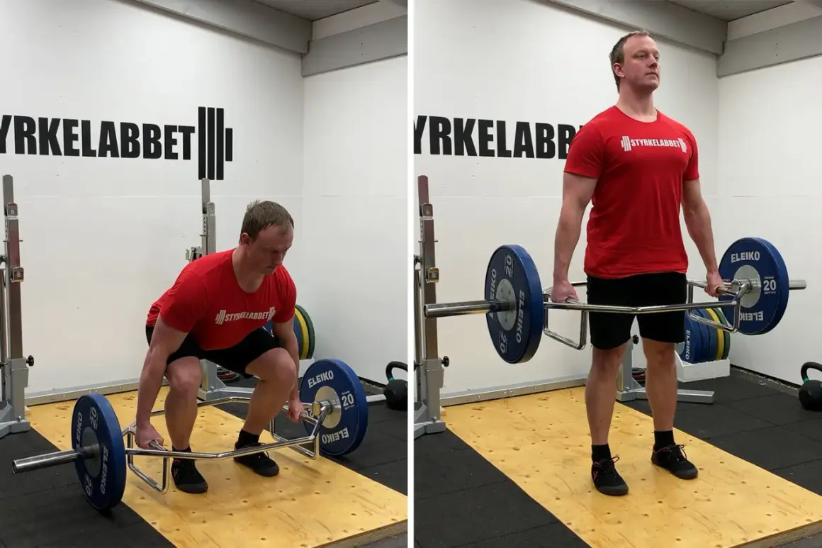 Man utför trap bar marklyft. Bilden visar övningen från startposition till toppläget.