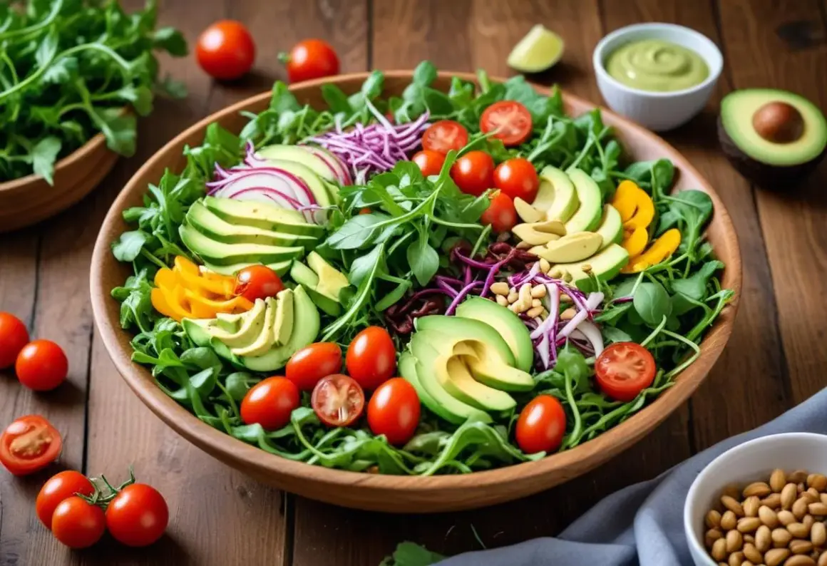 En stor sallad med ruccola, avokado, tomater och rödlök. Ruccola nyttigt och gott!