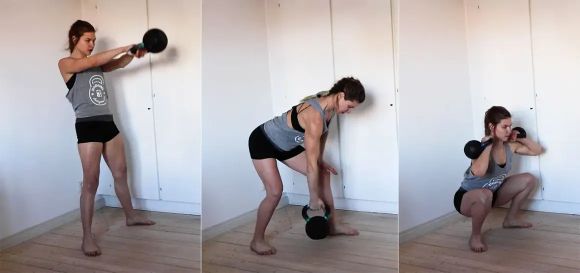 Kvinna utför kettlebell pass: sving, marklyft och goblet squat.