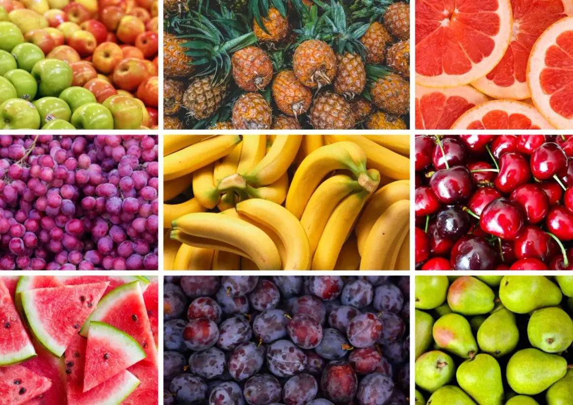 En collage av frukter: äpplen, ananas, grapefrukt, vindruvor, bananer, körsbär, vattenmelon och plommon. Här finns den nyttigaste frukten för alla smaker.