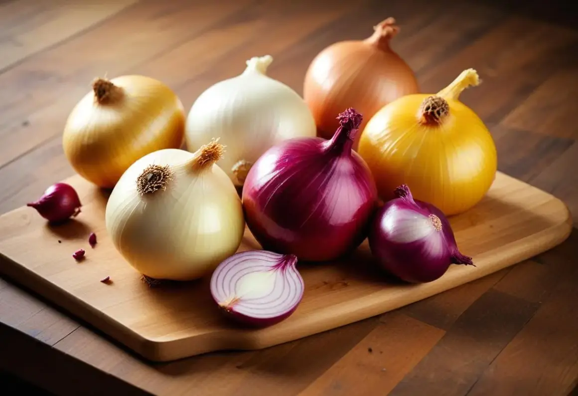 A variety of whole and halved onions, including red, yellow, and white, arranged on a wooden cutting board.