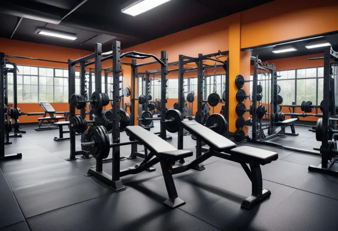 Ett modernt gym med vikter, bänkar och rack. Perfekt för dina gym tips och styrketräning.