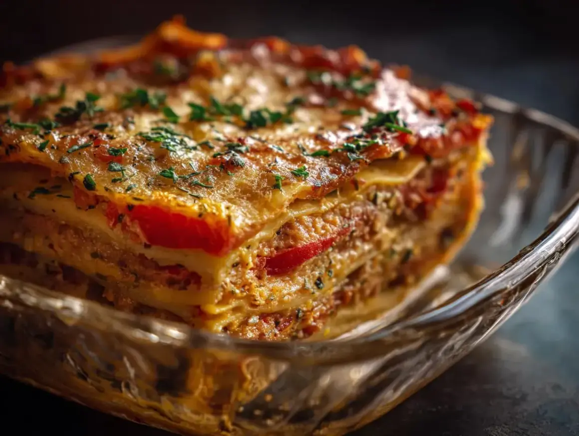 En bit nyttig lasagne med lager av köttfärs, tomatsås och ost, toppad med persilja.
