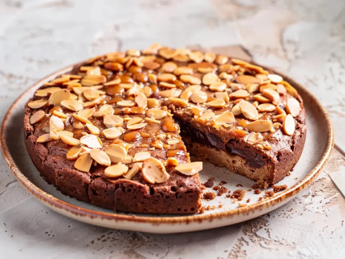 En saftig och chokladig nyttig kladdkaka toppad med mandel och karamell.