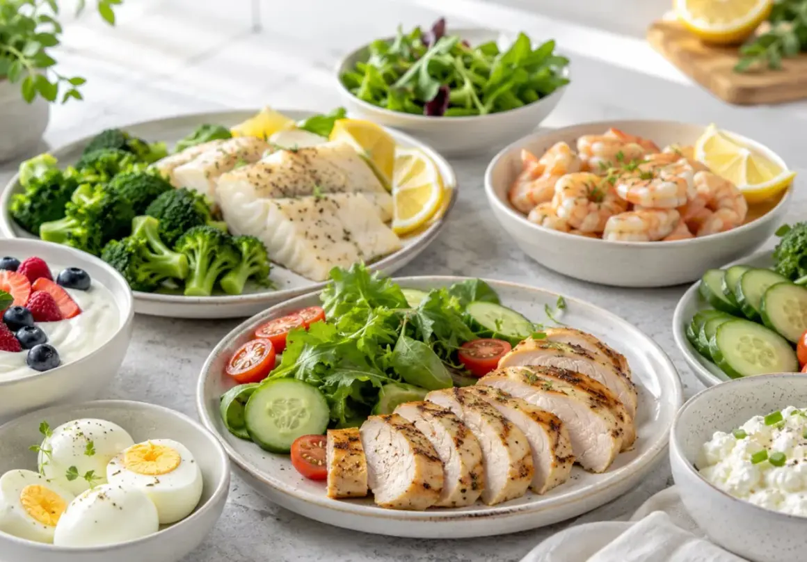 Plates of grilled chicken, fish, shrimp, hard-boiled eggs, yogurt with berries, and salads.