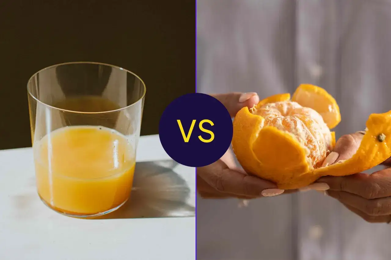 Glas med apelsinjuice vs. en person som skalar en apelsin. Apelsinjuice nyttigt, men hela frukten ger mer fiber.