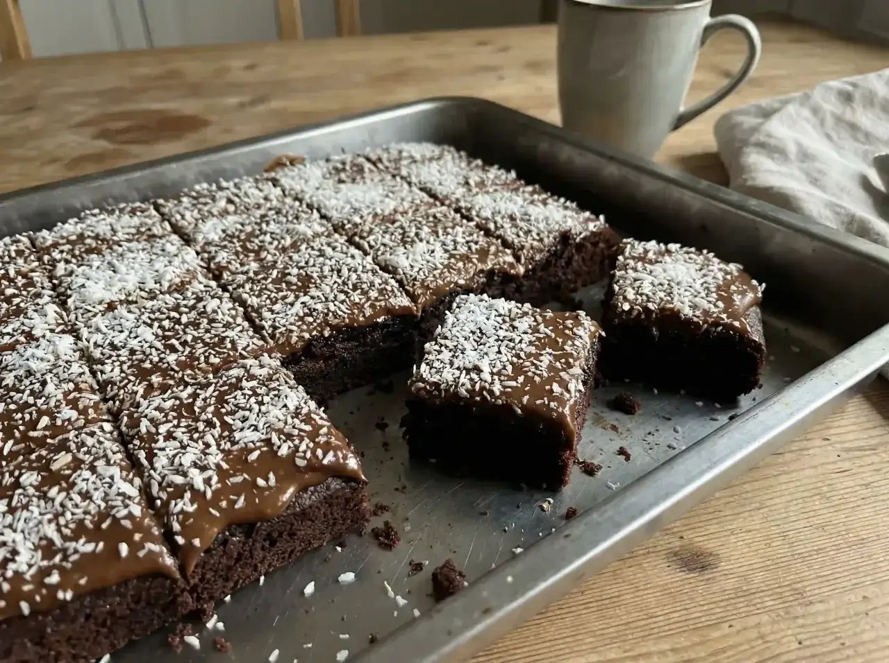 En nybakad, nyttig kladdkaka med chokladglasyr och kokosflingor i en plåt. En mugg kaffe står bredvid.