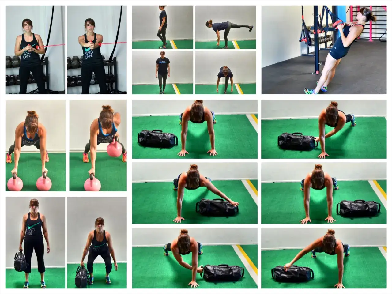 Kvinnor utf&ouml;r olika styrke&ouml;vningar, inklusive pallof press med gummiband, kettlebell-&ouml;vningar och sandbag-&ouml;vningar.