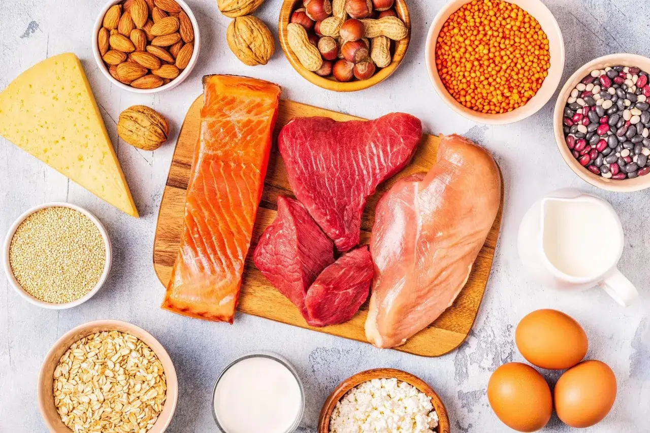 En bild som visar olika proteinkällor som lax, nötkött, kyckling, ägg, ost, nötter, linser, bönor, havre och quinoa. Bra för att planera hur mycket protein per dag.