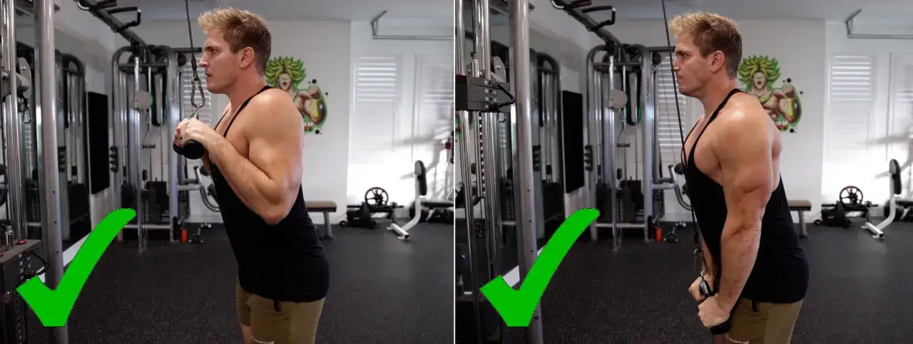 Man utf&ouml;r triceps pushdown med rep i ett gym. Bilden visar en korrekt utf&ouml;rd &ouml;vning.