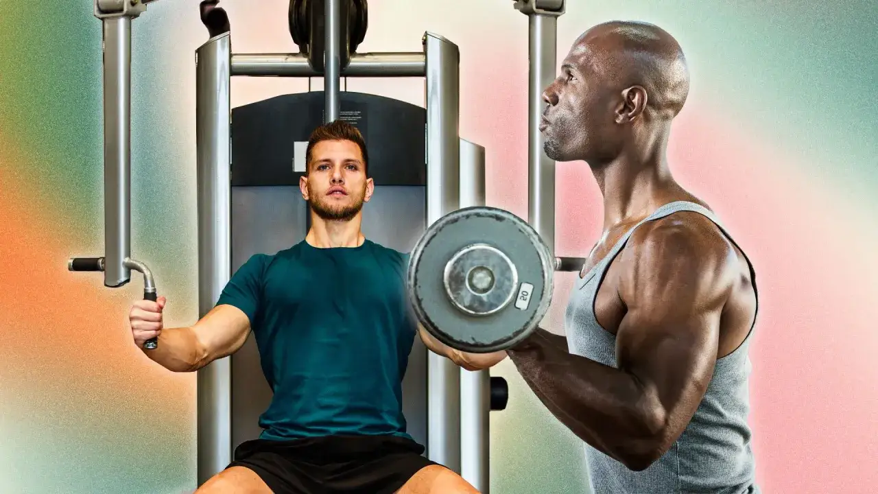Tv&aring; m&auml;n tr&auml;nar p&aring; gym. En sitter i en maskin, den andra lyfter en skivst&aring;ng. De verkar k&ouml;ra ett intensivt drop set.