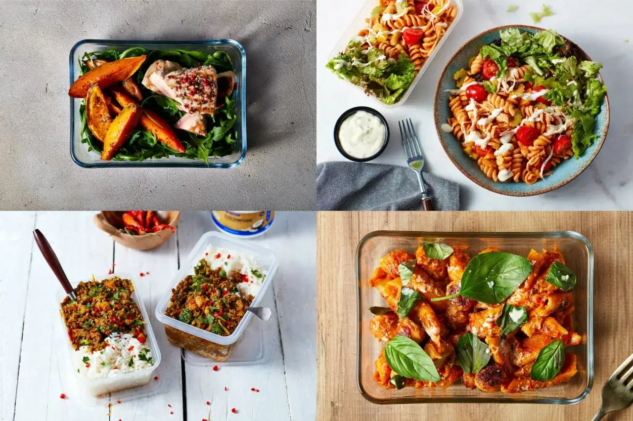 Fyra olika deff matl&aring;dor: lax med s&ouml;tpotatis, pastasallad, k&ouml;ttf&auml;rs med ris och kycklinggryta.