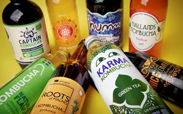 Flera flaskor kombucha, som Captain Kombucha och Karma Kombucha, ligger utspridda. En varning för kombucha kan vara relevant då drycken kan vara känslig.
