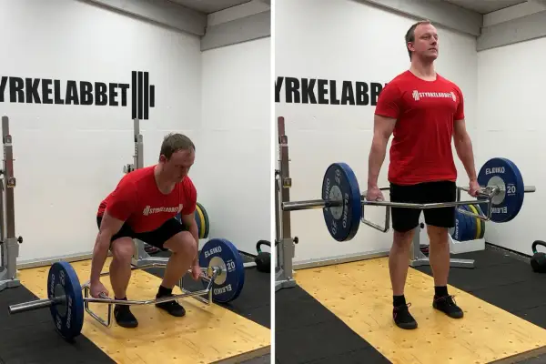 Man utför trap bar marklyft. Bilden visar övningen från startposition till toppläget.