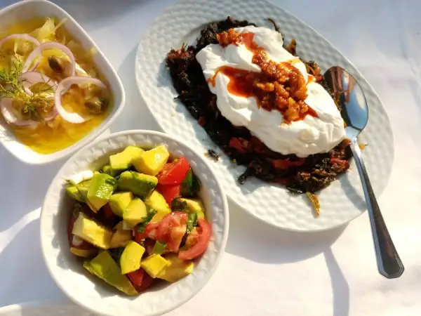 En härlig medelhavskost frukost med avokadosallad, en rätt med yoghurt och grönsaker samt en sallad med lök och kapris.