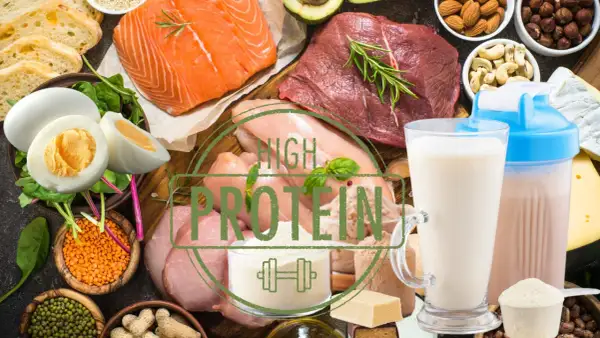 En mängd proteinrika livsmedel som lax, kött, kyckling, ägg, nötter, linser och proteinpulver.