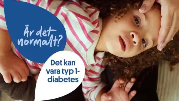 Ett barn med lockigt hår, klätt i randig tröja. Texten "Är det normalt? Det kan vara typ 1-diabetes" antyder tecken på diabetes.